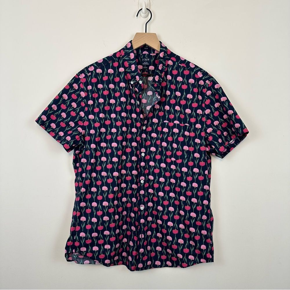 J Crew Navy Pink Floral Short Sleeve Button Down Slim Fit Shirt, L